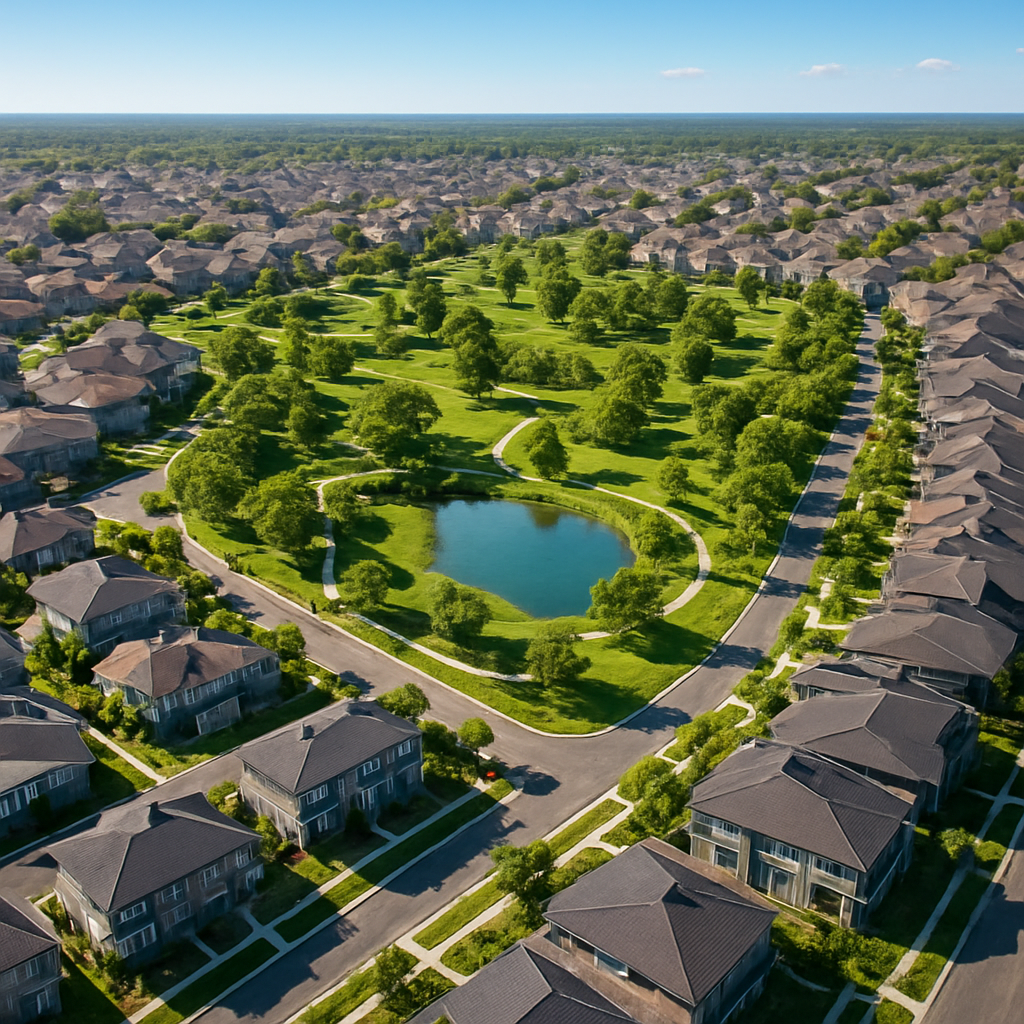 Aerial daytime view of the Wildfield Village master-planned community showing townhomes, detached homes, a central park, and tree-lined streets